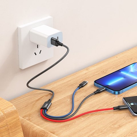 USB кабель Hoco X76, USB тип-C, USB тип-A, micro-USB тип-B, Lightning, 100 см, 2 A, черный, синий, красный, 3 в 1, #6931474768636 Превью 2