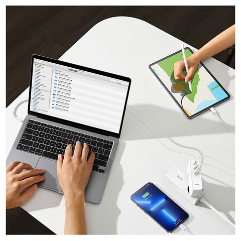 Adaptador de red Baseus GaN5 Pro, 140 W, Quick Charge, blanco, con cable USB tipo C - USB tipo C, 3 puertos, #CCGP100202 Vista previa  2