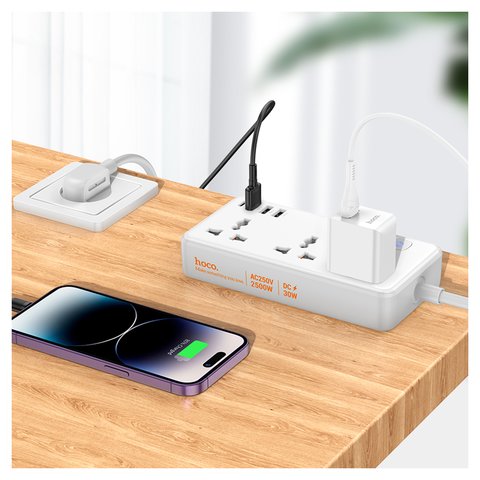 Мережевий зарядний пристрій Hoco AC8A, 30 Вт, Power Delivery (PD), білий, з розеткою, 4 порта, 1,5 м, #6942007600101 Прев'ю 1