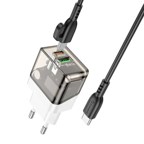 Сетевое зарядное устройство Borofone BA80A, 20 Вт, Quick Charge, Power Delivery (PD), черный, прозрачный, c кабелем USB тип-C к USB тип-C, 2 порта, #6941991105173 Превью 1