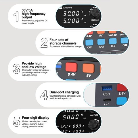 Лабораторний блок живлення Sunshine P2 Pro, Чотириканальний, трансформаторний, до 30 В, до 5 А, світлодіодні індикатори, 330 Вт Прев'ю 6