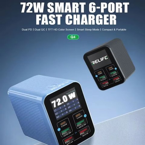 Мережевий зарядний пристрій RELIFE Q4, 72 Вт, Quick Charge, Power Delivery (PD), 6 портів Прев'ю 1